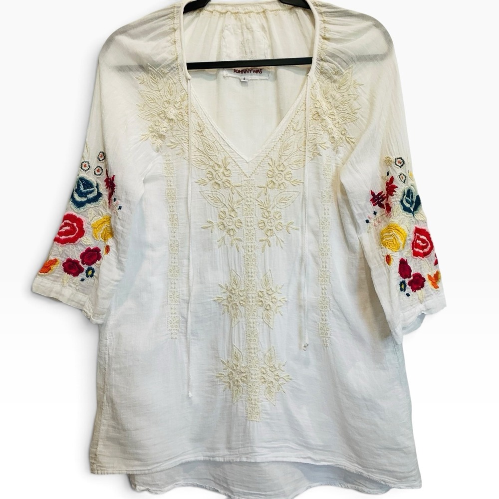 Johnny Was S White Cotton Embroidered Floral Boho Peasant Blouse Tunic